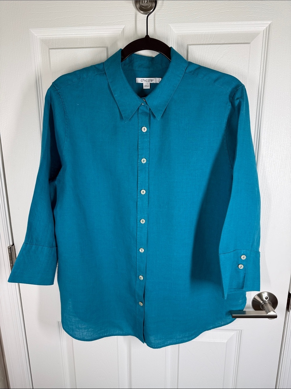 Chicos teal linen button down blouse with3/4 sleeves size 2 US 12
